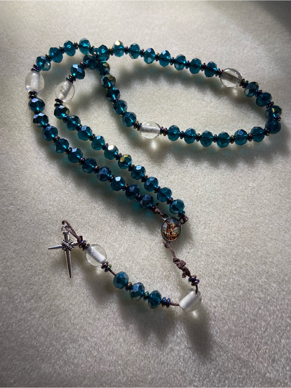 Teal Faceted Bead Rosary-Style Necklace with Clear Accent Beads